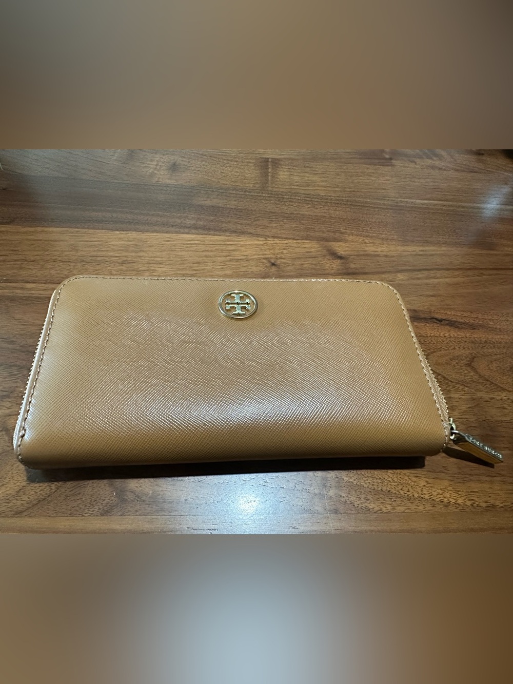 Tory Burch Camel Saffiano Zip Wallet with Gold Logo